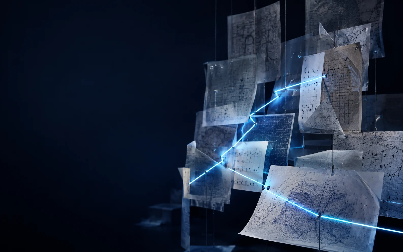 Layered research maps and technical papers connected by a blue line of light